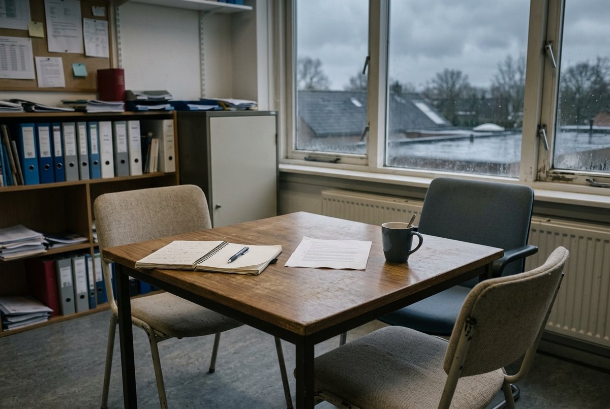 Twee stoelen bij de hoek van een vergadertafel in een schoolkantoor, met een geprint vel ertussen