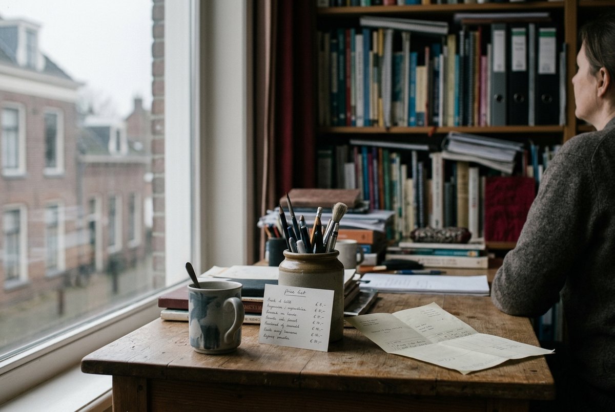 Een handgeschreven prijskaartje tegen een pennenbak op een bureau, met een gevouwen factuur ernaast
