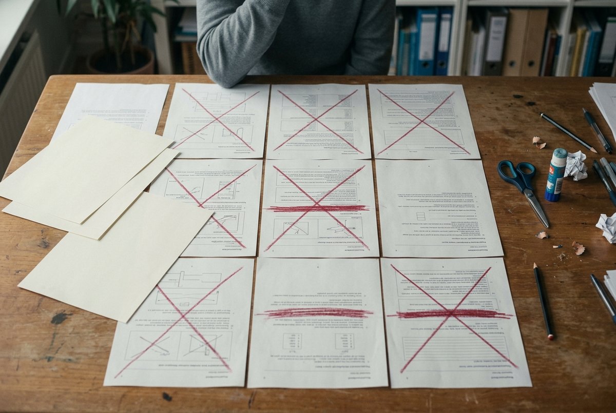 Werkbladen naast elkaar op een bureau, verschillende ervan doorgestreept met rood potlood