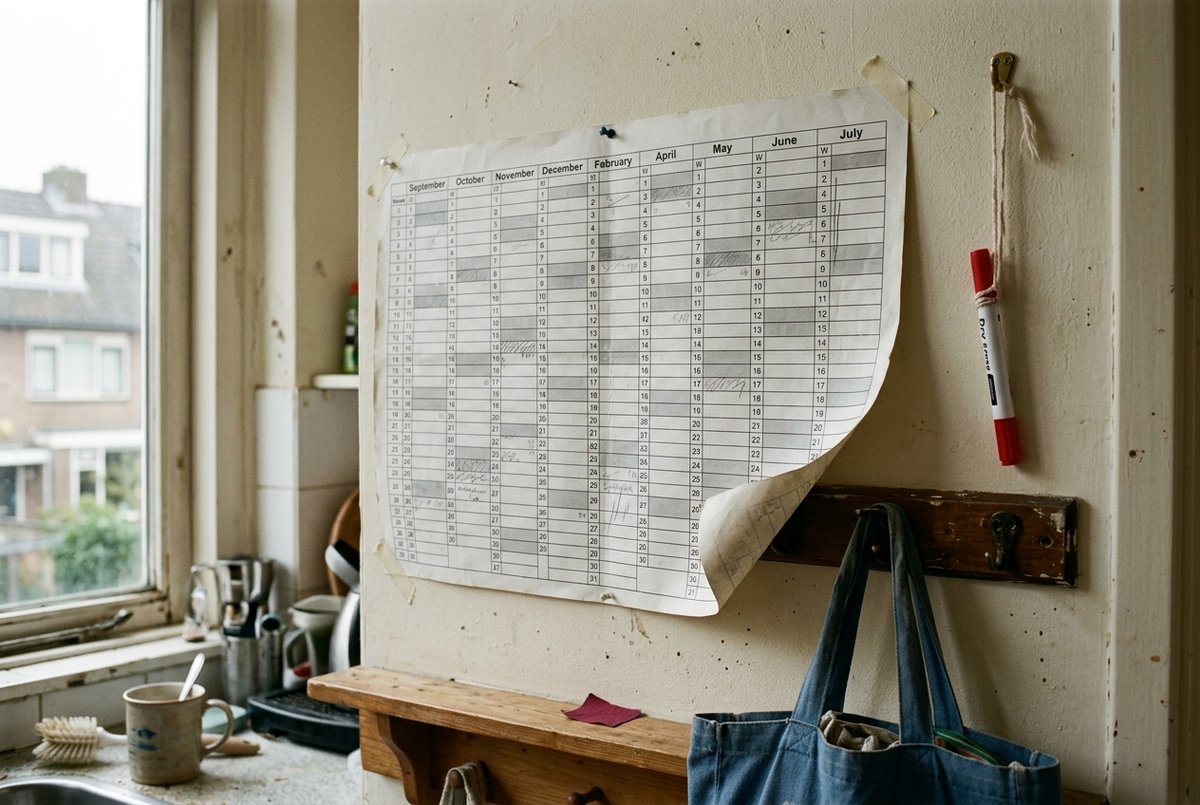 Een papieren jaarplanner voor een schooljaar aan een keukenmuur, met weken in potlood afgeblokt