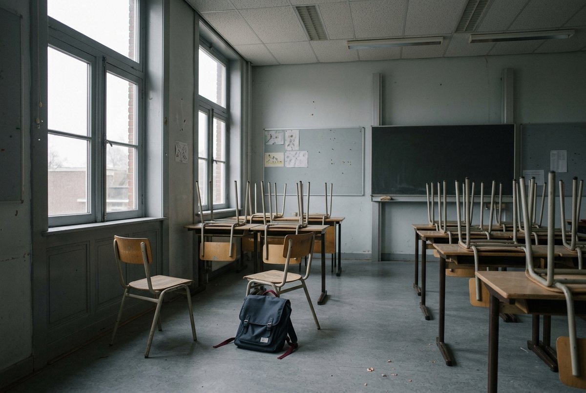 Een leeg klaslokaal na de laatste les, met twee stoelen tegenover elkaar bij het raam