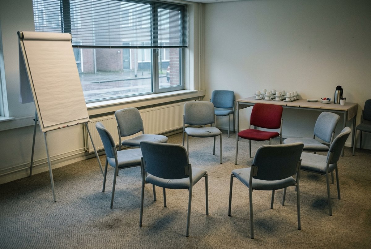 Een gehuurde vergaderzaal die klaarstaat voor een workshop, met een kring van acht lege stoelen