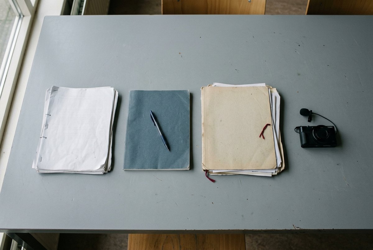 Vier stapeltjes materiaal naast elkaar op een tafel: werkbladen, een oefenboek, een map handouts en een camera
