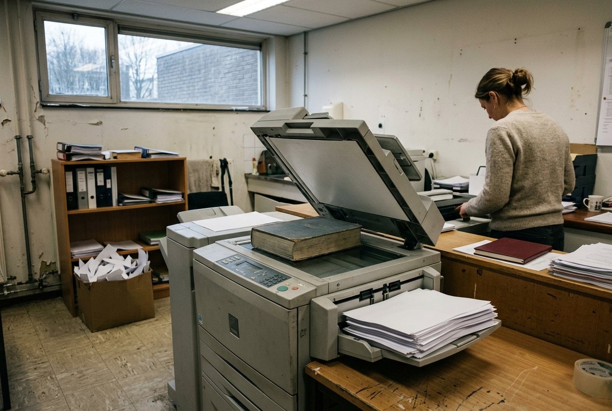 Een kopieerapparaat in een schoolwerkkamer met een lesboek omgekeerd op de glasplaat