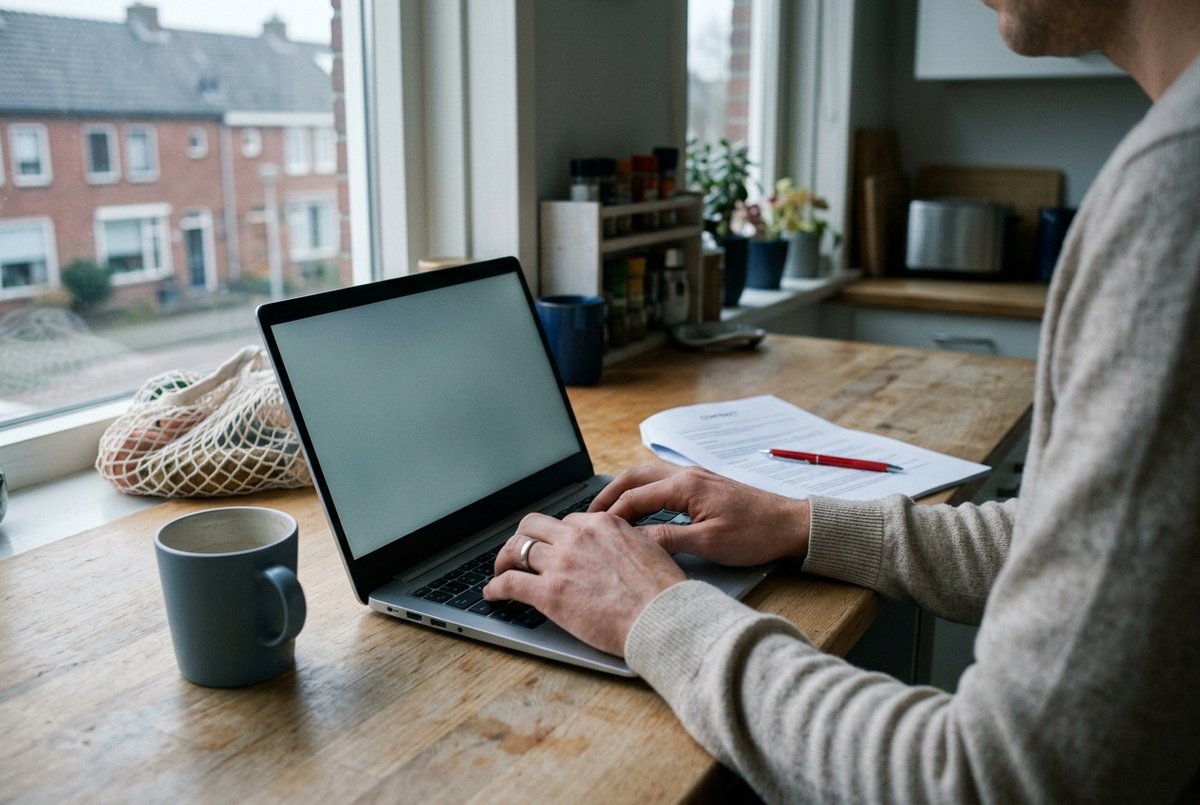 Handen die vroeg in de ochtend een kort bericht typen op een laptop, met een geprint contract ernaast