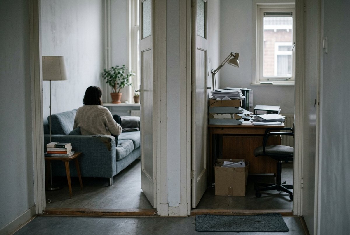 Een deuropening tussen een woonkamer en een kleine werkkamer met bureau en bakjes papierwerk