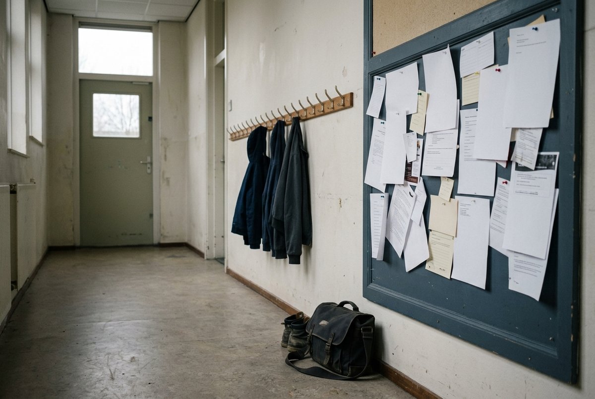 Een schoolgang met een rij kapstokken en de tas van een invaller op de grond eronder